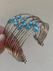 Vtg Blue Moonglow Bracelet With Silver Color Metal Bands Wide Cuff - Picture 1 of 8