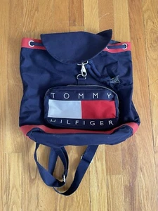 Vintage 90s Tommy Hilfiger Distressed Big Logo Spell Out Backpack Book Bag Blue - Picture 1 of 4