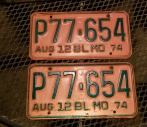 Vintage MISSOURI - 1977 12 BL Truck License Plate PAIR - ORANGE and GREEN - Picture 1 of 5