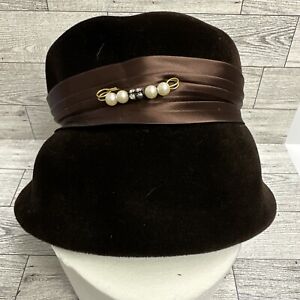 COTILLION Imported Body Brown Velvet 8” Cloche Hat Satin Band & Hat Pin France