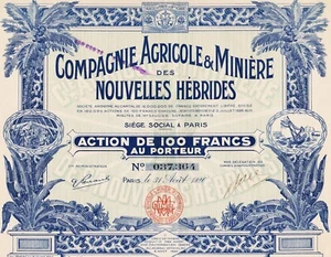 Cie AGRICOLE & MINIERE des NOUVELLES HEBRIDES - ACTION 100 FRANCS 1926 - Picture 1 of 2