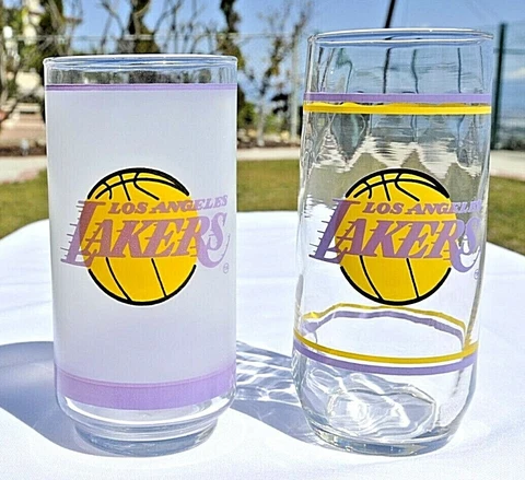 2 LOS ANGELES LAKERS NBA DRINKING GLASSES TUMBLER CUPS 2 DIFFERENT STYLES EUC Cover