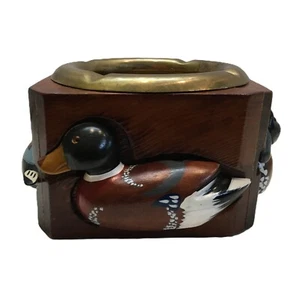 VTG 70s Ashtray Carved Wood Duck Brass Trinket Holder MCM Rustic Kitsch Square - Picture 1 of 23