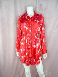 NWT Maaji Womens Red Coral Floral T Shirt Dress Coverup Size Small Tasseled - Picture 1 of 7