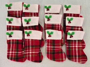 Set of 12 Christmas Stocking Ornaments Plaid Fabric Felt Red 6"x3.5" - Picture 1 of 9