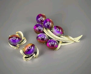 Vintage Coro Moonglow lila Bernstein Cabochon Brosche Ohrring Set goldfarben - Bild 1 von 10
