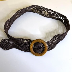 Boho Woven Waist Belt 43" Brown Macrame Western Country Wood Buckle Women’s - Picture 1 of 5