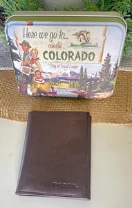 Fossil Brown Genuine Leather Men's Trifold Wallet Cards Cash ID Window With Tin - Picture 1 of 12