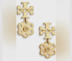 New Auth. TORY BURCH Gold Logo Charm Drop Earrings on TB Earring Card - Picture 1 of 7