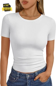 Womens Short Sleeve Shirts Crewneck Ribbed Knit Slim Fitted T-Shirt Summer Basic - Picture 1 of 5