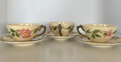 Juego de 3 tazas de té y platillos de rosa del desierto franciscano de colección marca marrón hecho en EE. UU. Foto 1 de 4