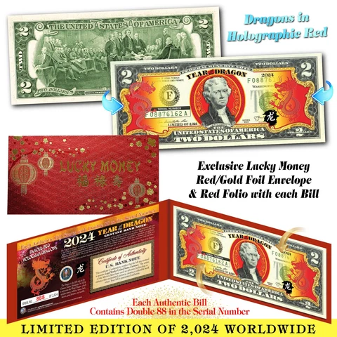 2024 Chinese New Year Genuine $2 Bill YEAR OF THE DRAGON Red Hologram LTD 2,024 Cover