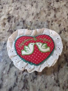 Vintage Embroidered Doves Christmas Is Love Ornament Heart 4.5" - Picture 1 of 6
