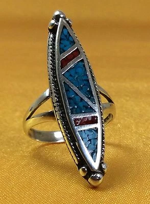 925 Sterling Silver Native American Turquoise/Coral Gemstones Ring Fine Jewelry - Image 1 of 4