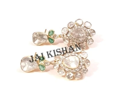 Smaragd Edelstein Pave Polki Diamant 925 Sterling Silber Ohrringe Schmuck - Bild 1 von 4