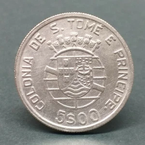 Portuguese Colony S. TOMÉ AND PRÍNCIPE 1939 Silver Coin 5 ESCUDOS - Picture 1 of 4