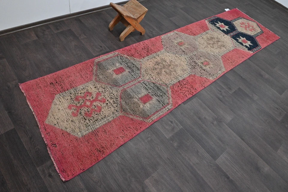 Vintage Turkish Runner Rug 3x10ft Wool Anatolian Handmade Hallway Oushak PINK - Image 1 of 4
