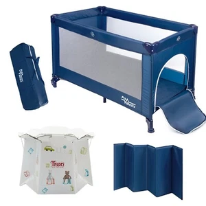 Baby Travel Cot + 10x Disposable Potty TRON Wheeled Navy Blue Safe Toddler Bed - Picture 1 of 13