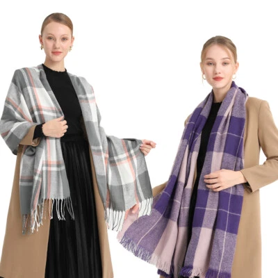 MARKENLOS Damen Winterschal Plaid Decke Schal Gestreift Kariert XXL Schal Quaste Poncho
