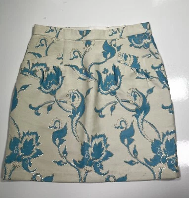 Mini-saia Tibi branca azul paisley acabamento dourado tamanho 6 bolsos designer - Imagem 1 de 4