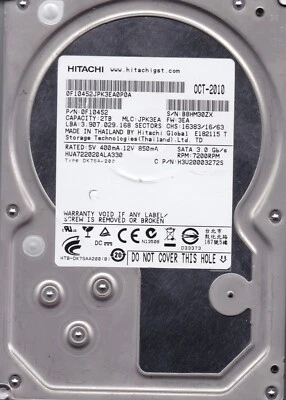 HUA722020ALA330 OCT 2010  MLC: JPK3EA  pn: 0F10452 FW: 3EA 2TB 3.5" SATA HITACHI - Image 1 of 4