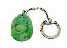 Vintage Hand Carved Natural Jade Green White Swirl Pendant Sterling Keychain Fob