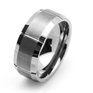 Men 9MM Comfort Fit Tungsten Carbide Wedding Band Grooved Beveled Edges Ring - Picture 1 of 1