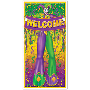 WELCOME MARDI GRAS DOOR COVER HANGING PARTY DECORATION POSTER JESTER CARNIVAL 