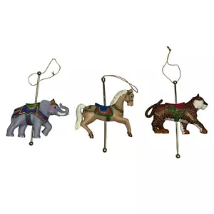 Carousel Animal Ornaments Set of 3 Elephant Horse Tiger Hand-Painted Resin Metal - Picture 1 of 10