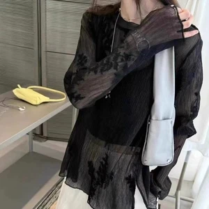 Lady Lace Sheer T-shirts Tops Shirts Blouse Embroidered Floral Long Sleeve Basic - Picture 1 of 10