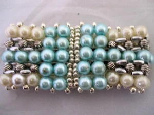 Stretch Manschette Armband Aqua Faux Perle Silber Schrott Ditty Upcycling 1,75" B 7" L - Bild 1 von 5