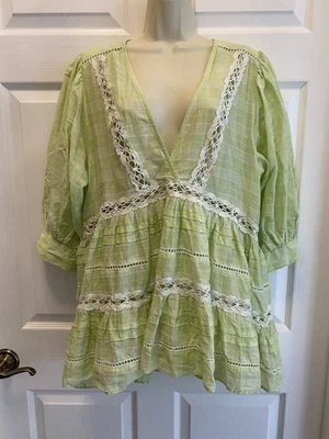 Free People 女式 Time Out 蕾丝衬衫袖口上衣浪漫小屋石灰 PS — 第 1/4 张图片