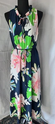 Maxi Vestido Tommy Hilfiger Floral Talla 8 Multicolor Azul Rosa Verde Cinturón Volantes  Foto 1 de 4