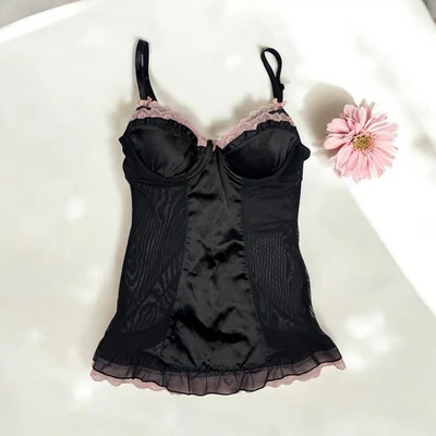 Black Satin Mesh Babydoll Lingerie Top Frilly Lace Coquette Bow Romantic Size S - Image 1 of 4