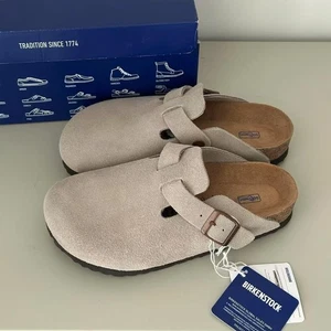 Birkenstock Boston Taupe Soft Footbed Suede Narrow/Width Unisex Clog Shoes - Picture 1 of 9