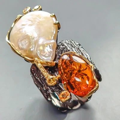 Anillo único anillo de perlas barrocas naturales de plata de ley 925 talla 8,5/R444662 Foto 1 de 4