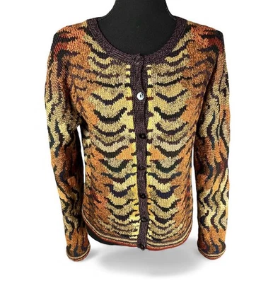 Peruvian Connection Cardigan Pima Cotton Animal Print Small Boho Artsy Luxury - Image 1 of 4