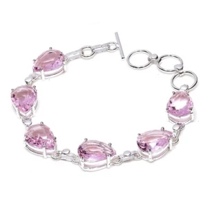 Pink Morganite Gemstone Jewelry 925 Sterling Silver Chain Bracelet For Women - Picture 1 of 6