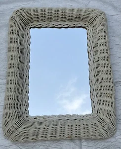 Vtg Rattan Wall Mirror Accent 16x12 White Wicker Boho Farm Chic Beach Cottage - Picture 1 of 11