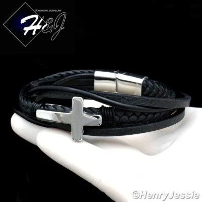8.5"MEN WOMEN Stainless Steel Black Braided Leather Silver Cross Bracelet*SB109 - Image 1 of 3