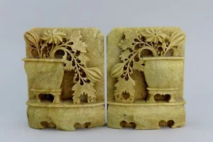 Stunning Pair Antique Chinese Hand Carved Beige Soapstone Floral Bookends - Picture 1 of 6