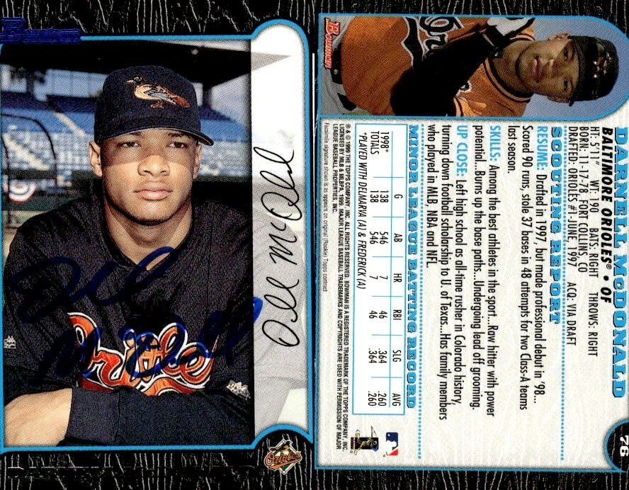 DARNELL MCDONALD SIGNED 1999 BOWMAN #76 BALTIMORE ORIOLES ON-CARD AUTO - Image 1 of 1