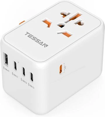 White Universal Travel Adapter Outlet Adapter with 4 USB C&1 USB A Type C/G/A/I - Image 1 of 4