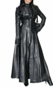 Women’s Black Leather Trench Coat Long Gothic Steampunk Matrix Style Winter Coat - Picture 1 of 6
