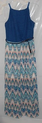 NUEVO Lindo Maxi Vestido Largo Azul Encaje Rayas Correa Espagueti Pequeño con Cinturón Country Foto 1 de 4