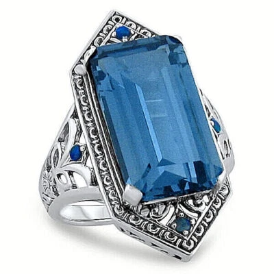 ART DECO STYLE 925 STERLING SILVER 6 Ct SIMULATED AQUAMARINE OPAL RING      283X - Image 1 of 4
