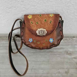 Borsa in pelle Messico vintage anni 70 lavorata a mano floreale hippie boho tracolla - Foto 1 di 13