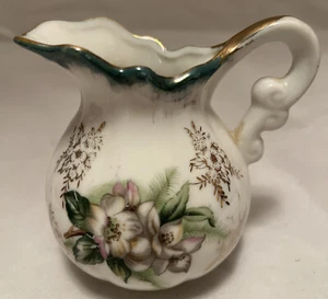 Watkins Japan Mini Pitcher Dogwood Flowers Green White Gold Gilt Vintage 4" 8 Oz - Picture 1 of 10