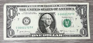 Billete de un dólar número de serie bajo número de serie elegante G00021727F - Imagen 1 de 2