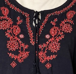 Talbots Shirt XP Extra Large Petites dunkelblau rot bestickt 100% Baumwolle Boho - Bild 1 von 12